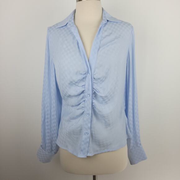 Fab'rik Blue Woven Check V-Neck Front Ruched Button Down Blouse Size Medium - Picture 1 of 9